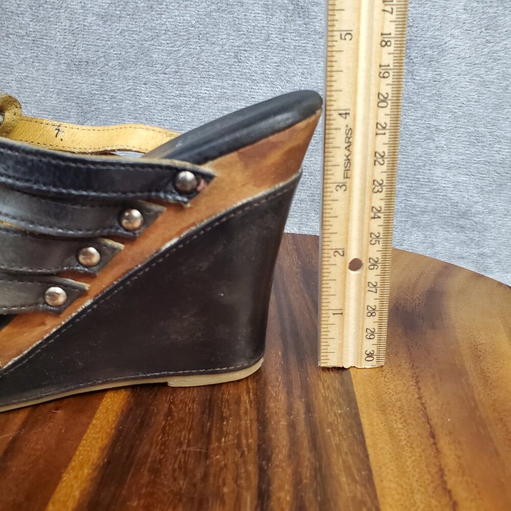 Bed Stu Sandals Women's 7 Brown Black Leather Gina Wedge Straps Slip On Platform - Picture 10 of 11